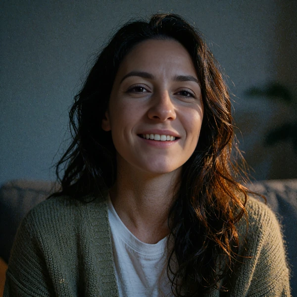 Woman in her late twenties with wavy brown hair and an olive cardigan, swipe-fatigued dating app user profile for the elvori review