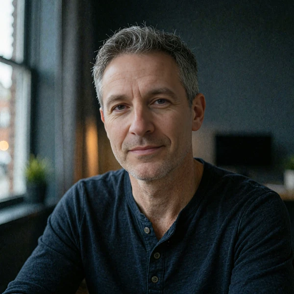 Man in his fifties with salt-and-pepper hair in a navy henley, returning-to-dating reader profile with billing caution, elvori review