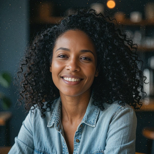 Woman in her mid-thirties with natural curly hair in a denim shirt, single parent profile among dating site reviews, elvori review